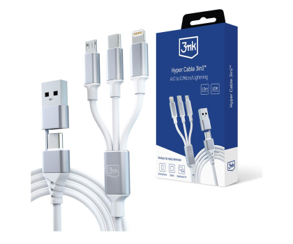 Kabel 3MK Hyper Cable 3in1 A/C to C/Micro/Lightning 1.5m White 5903108541237